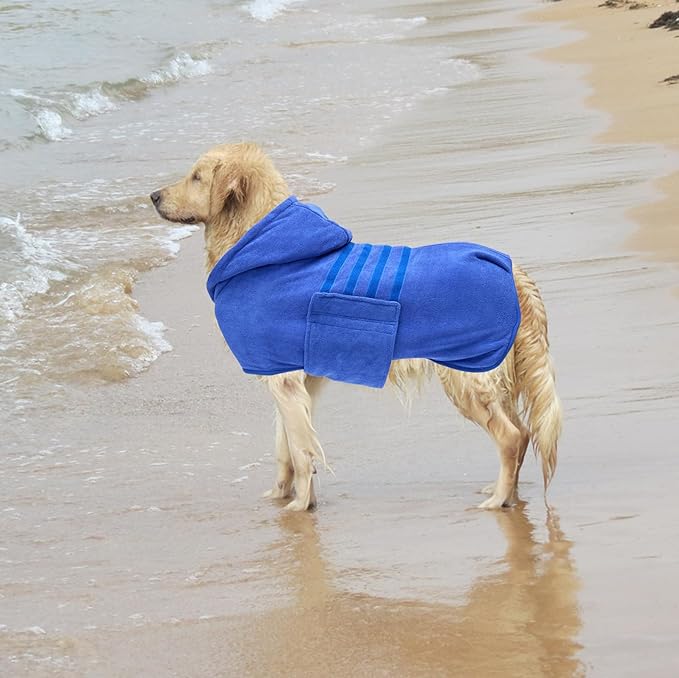 Geyecete Dog Drying Coats with Hood - Absorbent Robe Dry Fast Dog Towel - Microfibre Fast Drying Super Absorbent - Blue - L