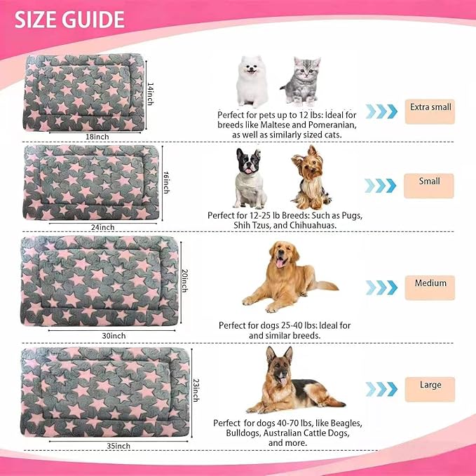 Dog Bed Mat - Reversible Dog Crate Bed Mats, Soft & Breathable Kennel Pad, Durable Crate Bed for Small Dogs & Cats (Pink&Gray Stars, XS(18"*14"*1.5"))