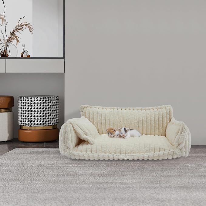 Pet Couch Calming Bed, Pet Couch with Removable Washable Cover, Plush Pets Sofa for Indoor Use, Supportive Orthopedic Dog Bed (White)