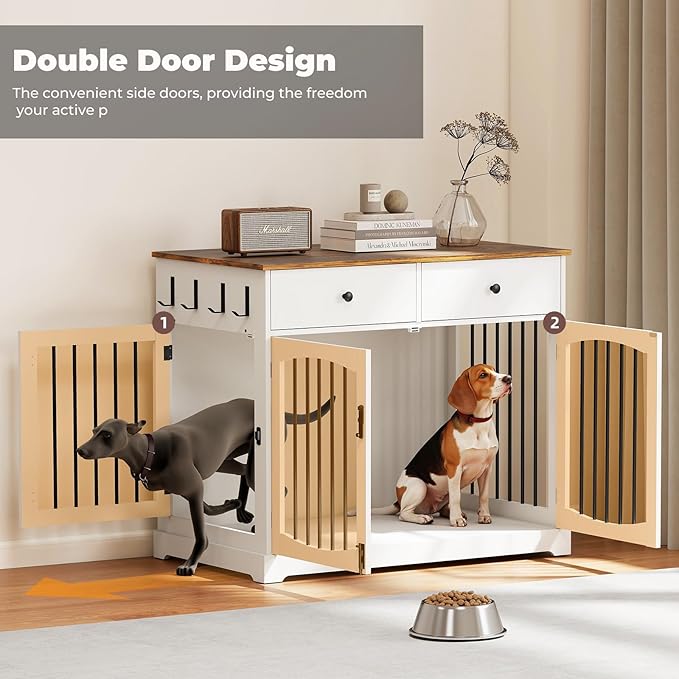 40" Dog Crate Furniture, Wooden Dog Kennel Furniture with Storage Drawers, End Table Dog House Indoor, Decorative Dog Crates for Small Medium Large Dog, White