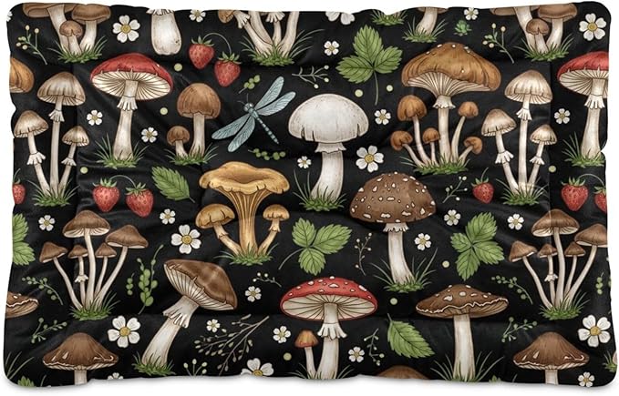 Emelivor Mushrooms Black Dog Cat Bed Washable Crate Pet Bed Anti-Slip Comfortable Dog Kennel Crate Mat for Indoor Small Medium Large Dogs,36x24in