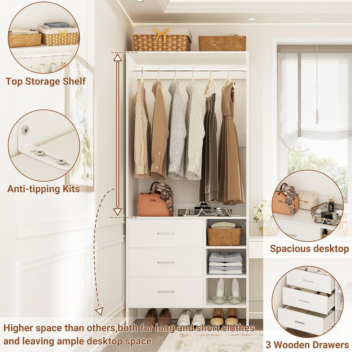 Aheaplus 2.5FT Closet System with 3 Drawers,29.5’’ Closet Organizer, White