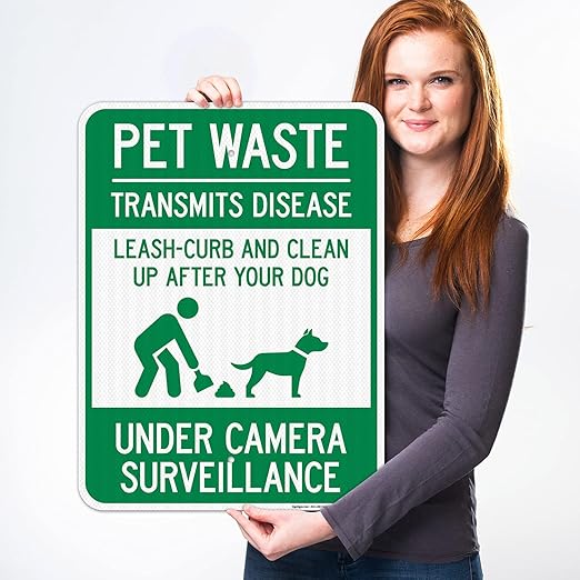 Pet Waste Leash-Curb and Clean Up After Your Dog Under Camera Surveillance Sign, 18x24 Inches, 3M EGP Reflective .080 Aluminum, Fade Resistant, Made in USA