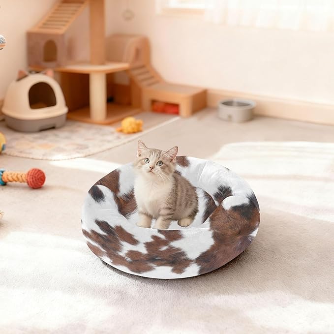 Round Cat Bed Dog Bed,13in Cow Print Washable Non-Slip Bottom Soft Pet Bed for Small Medium Dogs and Cats