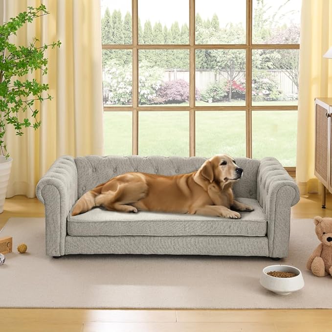 55" Elevated Dog Sofa Couch for Large and Oversized Dogs, Comfortable Linen Fabric Pet Bed with Thick Cushion, Durable Raised Dog Couch with Tufted Armrests, Stylish Modern Pet Furniture