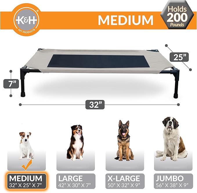 K&H Pet Products Outdoor Elevated Dog Cot, Breathable Cooling Elevated Cot Hammock Pet Bed for Medium Dogs, Washable Mesh Cover, Raised Metal Frame, Collapsible, Portable - Medium 32 X 25in Taupe