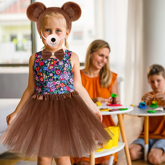Zhanmai 5 Pcs Carnival Animal Costume Kid Bear Puppy Dog Pup Kangaroo with Tutu Ear Headband Bowtie Tail Paws for Boys Girls