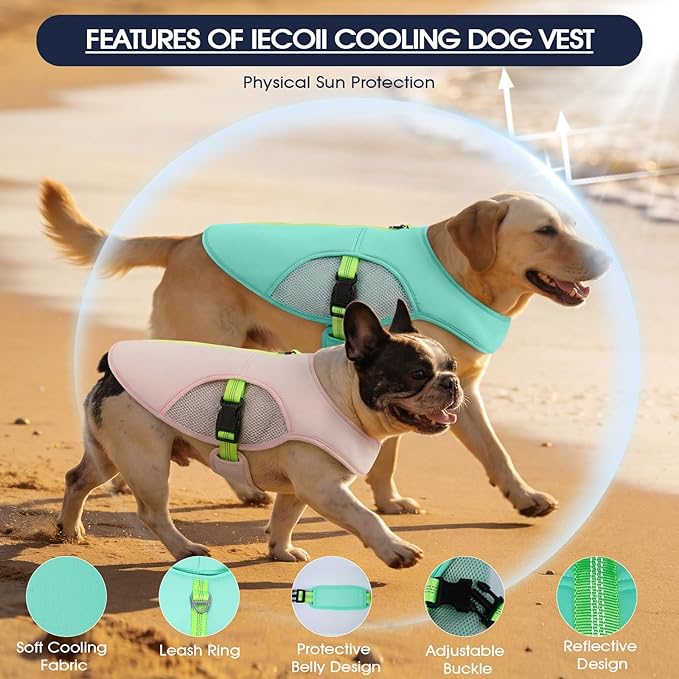 IECOii Cooling Vest for Dogs for Hot Weather, Reflective Adjustable Dog Shirt with Leash Ring, Lightweight Pet Outdoor Cooling Harness for Walking, Hiking, Beach, Turquoise, Size XL