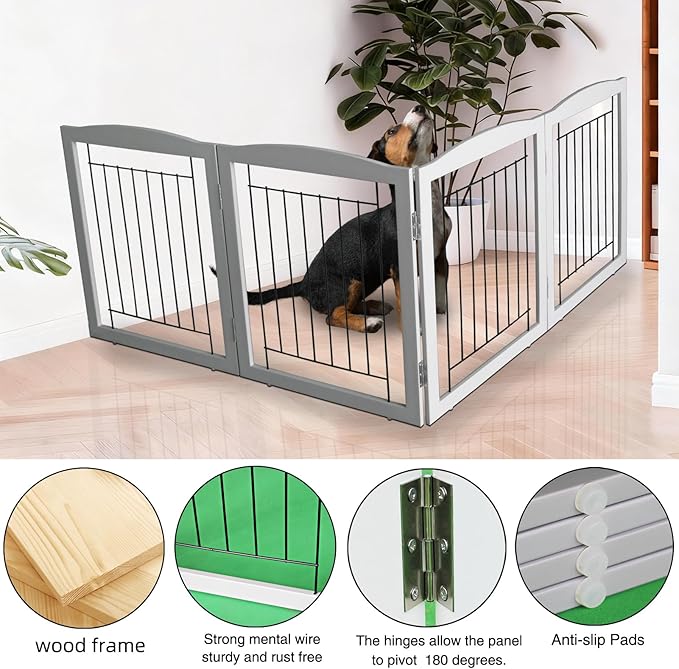 ZJSF Freestanding Foldable Dog Gate for House Extra Wide Wooden Grey Puppy Gate Stairs Dog Gates Doorways Tall Pet Gate 24" Height 4 Panels Pet Fence
