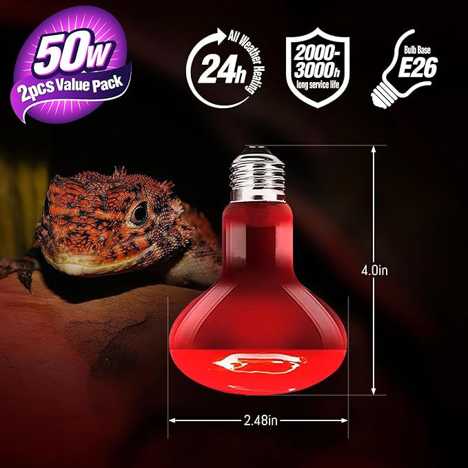 Leoterra Reptile Heat Bulb 2PACK 50w Red Night Heat Bulb (Pack of 2) for Reptile Terrariums,Leopard Gecko,Turtle,Bearded Dargon,Lizard,Snakes Night Use Infrared Heat Lamp