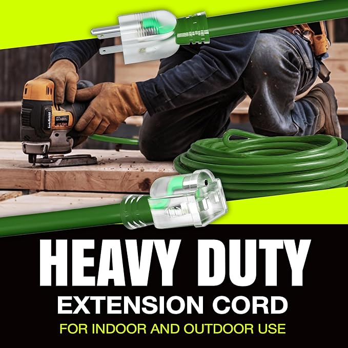 50ft Outdoor/Indoor Extension Cord 16/3 Gauge Heavy Duty 3 Prong SJTW, Waterproof, Flexible Cold-Resistant Long Power Cord,13A 125V 1625W, Green by LifeSupplyUSA