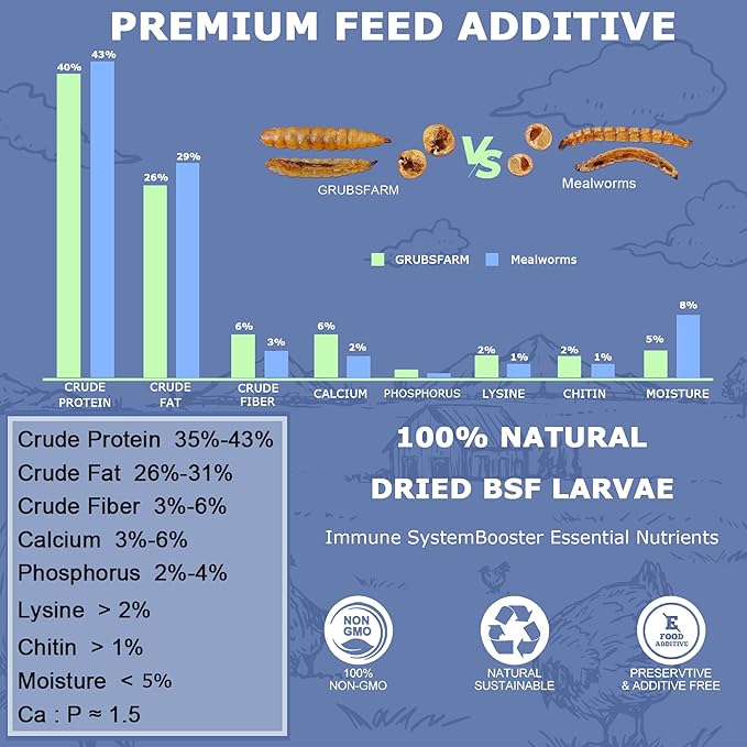 Premium Chicken Treats 1LB - Non-GMO & 85X More Calcium Than Meal Worms - Molting & Laying Supplement - BSF Larvae Treats for Layer Hens, Ducks Wild Birds