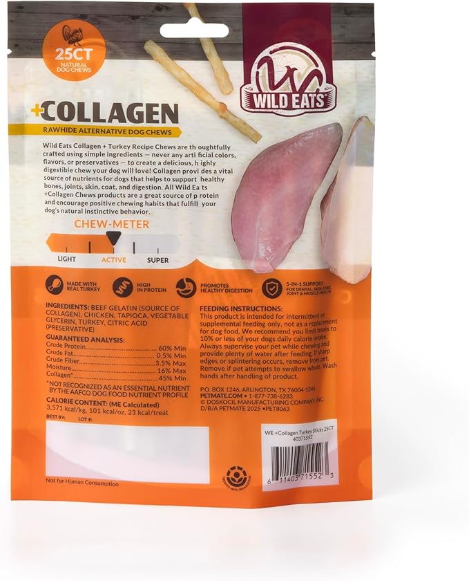 Wild Eats Turkey Collagen Sticks for Dogs (25 Pack, 0.6 cm Wide) Long Lasting Dog Chews No Hide Dog Treat Bully Stick Alternative, Rawhide Free, Grain Free, High Protein