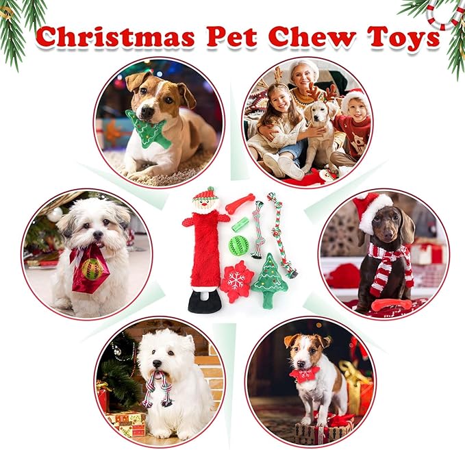 Christmas Dog Toys 8 Pack - Santa Squeaky Plush Chew for Puppy, Durable Interactive Rope for Teething, Treating Ball and Bone Rubber for Small Dogs