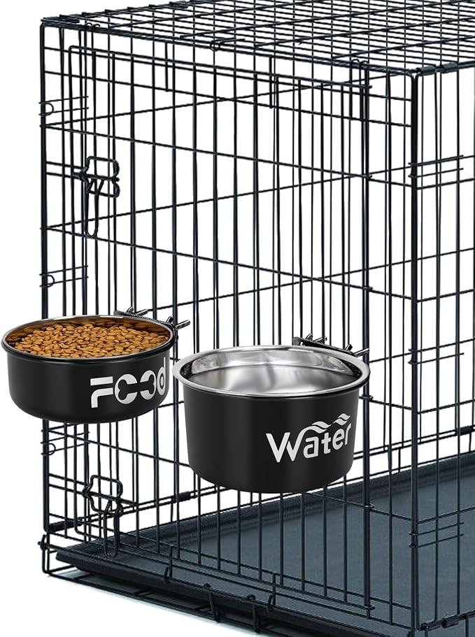 Crate Water Bowl No Spill for Large Dogs, Removable Stainless Steel Dog Bowls for Food and Water, Dog Kennel Hanging Wet and Dry Food Feeder for Medium/Large Pets, (7.1"x3.7" & 6.3"*2.6", Black)