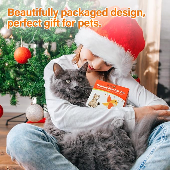 Cat Toys Flapping Bird(Cannot Fly), Electric Simulated Chirping Bird Interactive Kitten Toy with Flappy Wings, Rechargeable Touch Activated Toy with Catnip and Feather for Indoor Cats - Red