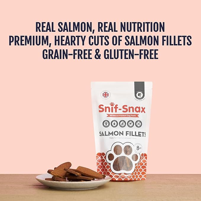 Snif-Snax Salmon Fillets Dog Treats (8oz) – All Natural Human Grade Grain Free Training & Reward – Protein Rich Salmon Sticks for Dogs, Healthy Puppy Treats, Soft Jerky-Style Strips
