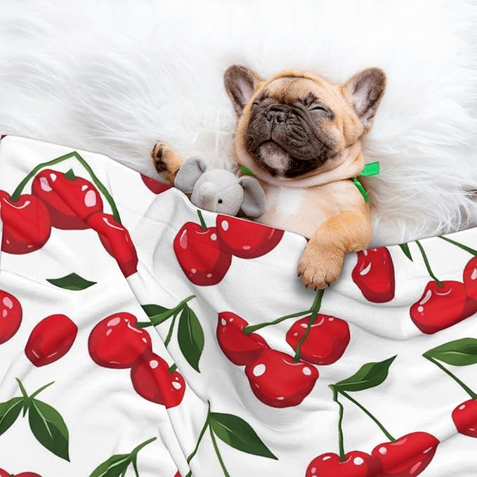 Cherry Print Soft Plush Pet Blanket, Washable Dog Blanket, Cat Fleece Throw, Puppy Bed Crate Mat & Sofa Couch Protector - Large
