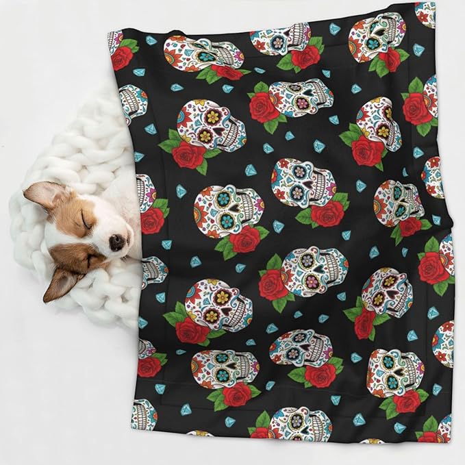 Dog and Cat Blanket in One, Floral Rose Flowers Day of The Dead Sugar Skulls, Double Sided Plush Throw with Raised Dot Pattern on One Side and Flat Velvet on Other for Variety