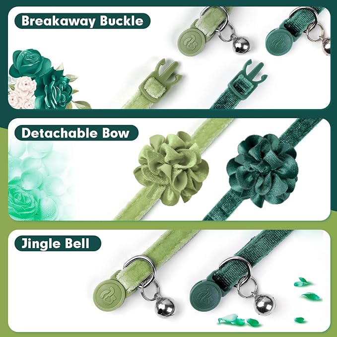 azuza 2 Pack Cat Collar Floral with Bell and Removable Flower Bowtie Breakaway Adjustable Velvet Fabric Cat Collar for Pets Festival Gift and Daily Decoration, Dark Green & Light Green