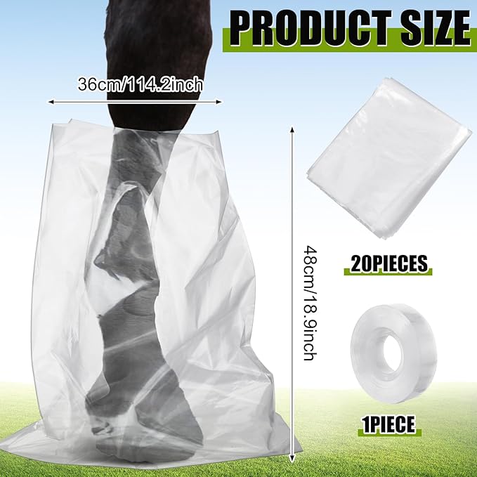 20 Pcs Disposable Soak Boot Hoof with 1 Roll of Adhesive Tape Horses Soaking Boot Bag Equine Soaker Sack for Thrush Bacterial Infection Treating Hooves Care Liquid Treatment Equine Donkey Draft