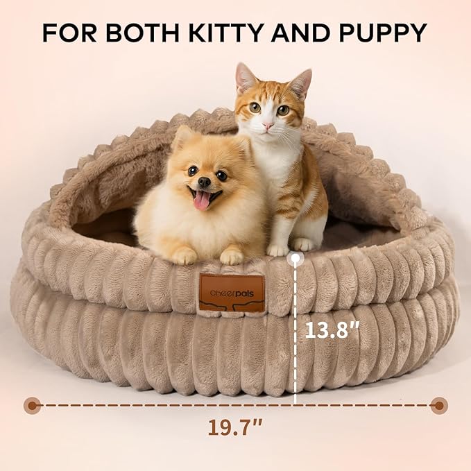 CHEERPALS Cat Bed for Indoor Cats, Washable Round Cat Bed Soft Fluffy Pet Bed for Kitty, Puppy and Small Dog(Khaki)