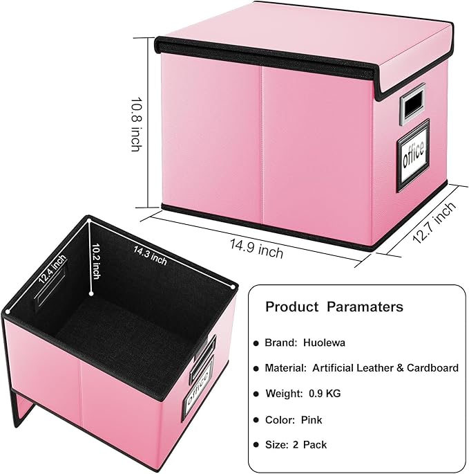 Huolewa Portable Leather File Organizer Storage Boxes, Collapsible File Folder Organizer Boxes with Lids, Document Organizer, Decorative Filing Box Cabinet for Letter/Legal File Folder Storage