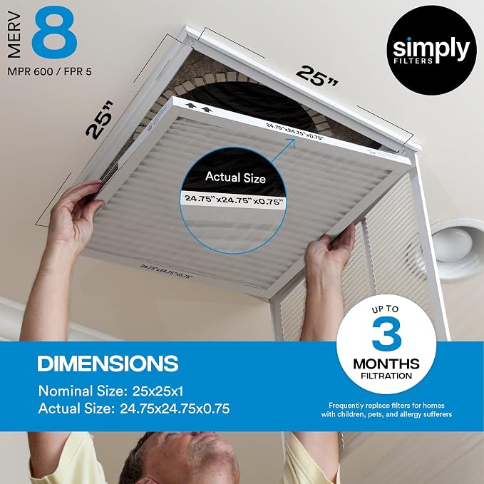 Simply 25x25x1 Air Filter, Merv 8, 4 Pack,