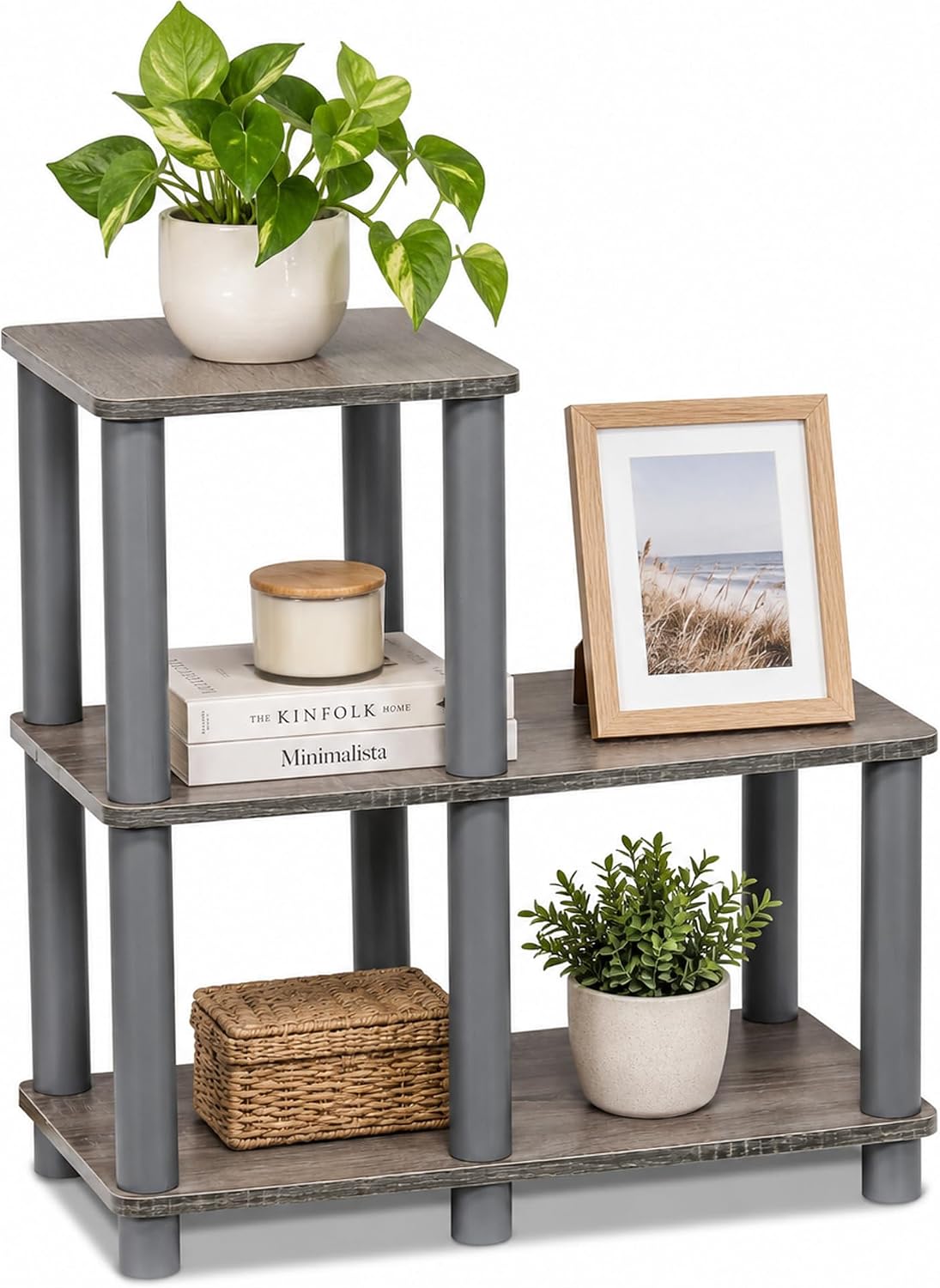 Furinno TURN-N-TUBE Storage Shelves, 2-Tier Ladder Shape Book Shelf with Open Frame Design, 3-Cube Corner Shelf, Toolless Open Shelves, Living Room, Garage, Home Office, Grey