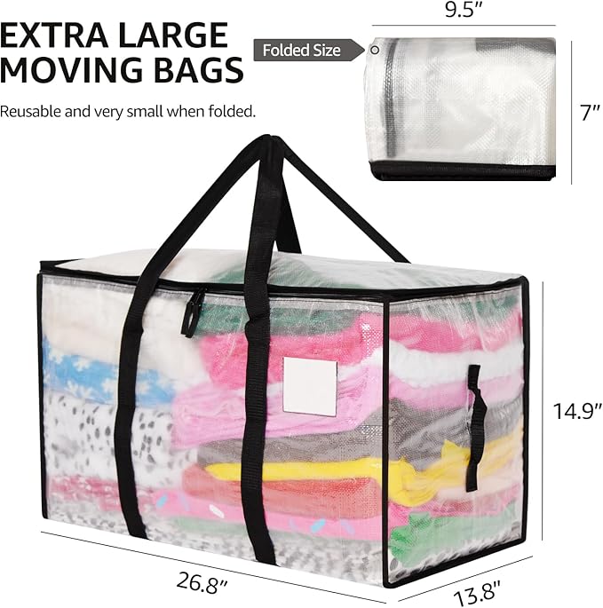 Moving Bags Heavy Duty Extra Large, Alternative for Moving Boxes & Moving Supplies,Clear Storage Bins with Lids, Plastic Packing Tote, Storage Bags for Clothes with Handles & Zippers(Clear, 4Pack)