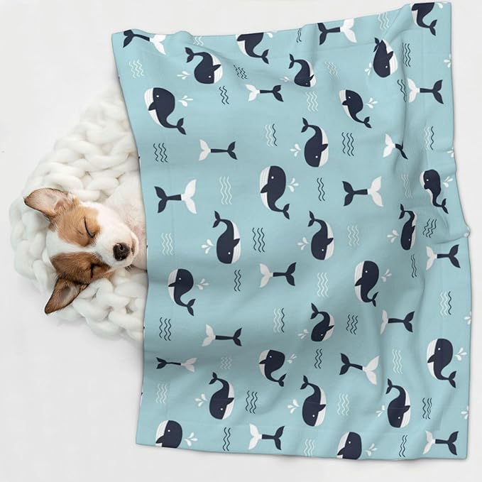 Two Sided Plush Pet Blanket for Crates Carriers Home Use, Whale in Ocean Pattern, Reversible Throw with Cozy Dot Fabric and Silky Reverse for Small Large Pets