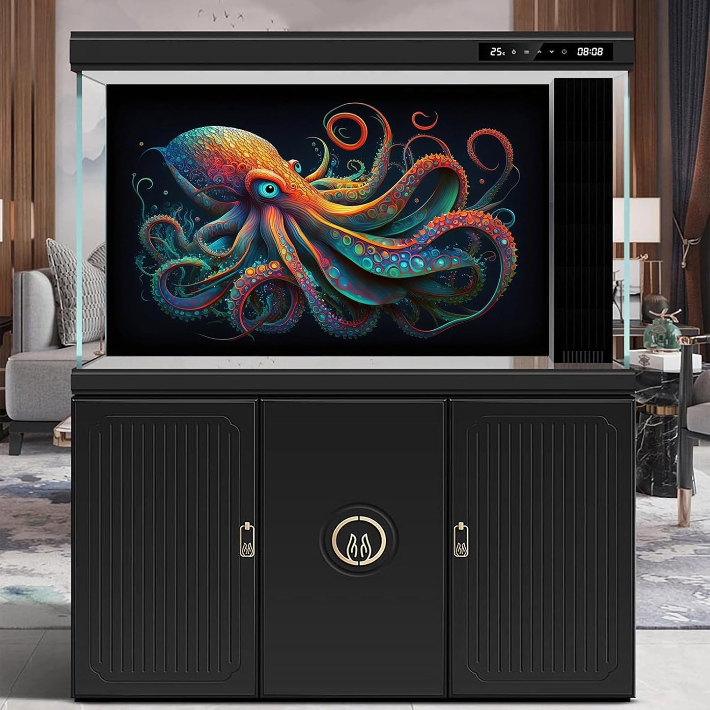 Octopus Aquarium Background Abstract Colorful Octopus Terrarium Background Glowing Octopus on Black Background Fish Tank Backdrop Poster Wallpaper Decorations Vinyl 48x24in