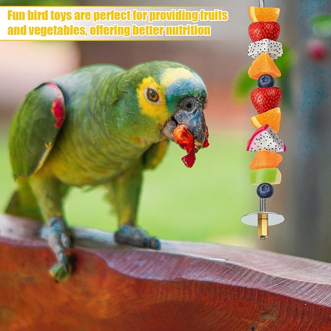 2PCS Bird Cage Food Holder with Hook, Parrot Fruit Vegetable Skewer, Stainless Steel Bird Feeder for Cages, Hanging Foraging Toy, Birds Cage Feeder Foraging Toy for Macaw Parakeet Parrot Budgie
