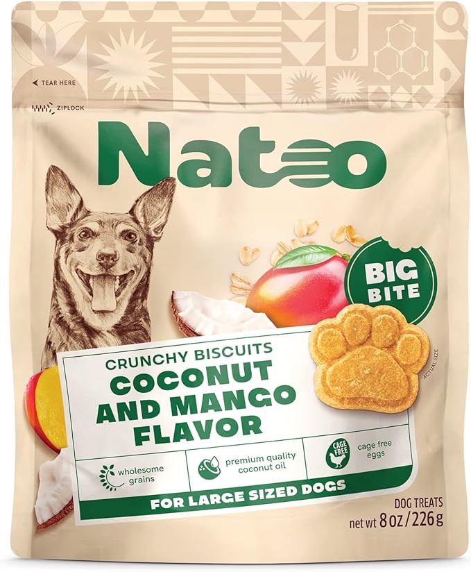NATOO Healthy Treats for Large Dogs, Crunchy Biscuits Coconut & Mango Flavor – Natural Dog Treats, Rich in Omega 6, Prebiotics & Fiber, Antioxidants for Immunity (8 oz)