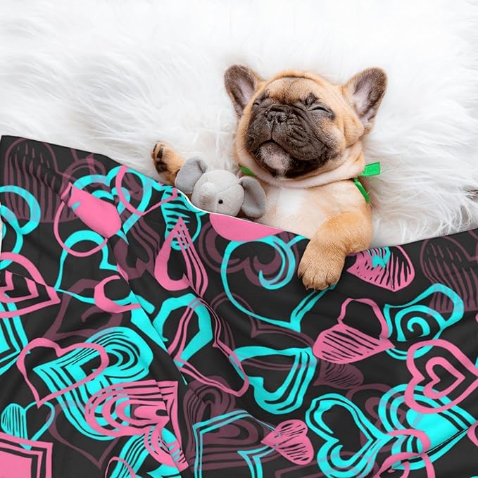 Pet Blanket for Indoor Outdoor Use, Abstract Love Hearts Pattern, Two Sided Reversible Plush Mat with Bumpy Dot Texture for Patios Crates Portable Bed Companion
