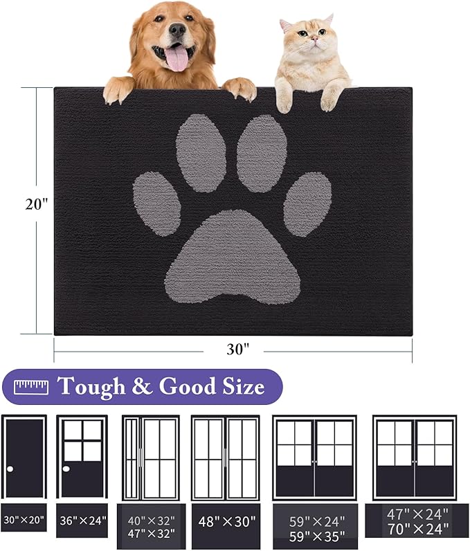 Buganda Dog Door Mat for Muddy Paws, Absorbent Dirt Trapper Non Slip Indoor Doormats, Washable Low-Profile Mat for Mud Dogs, Entryway Carpet for Inside Floor (36x24 Inches, Black and Grey)