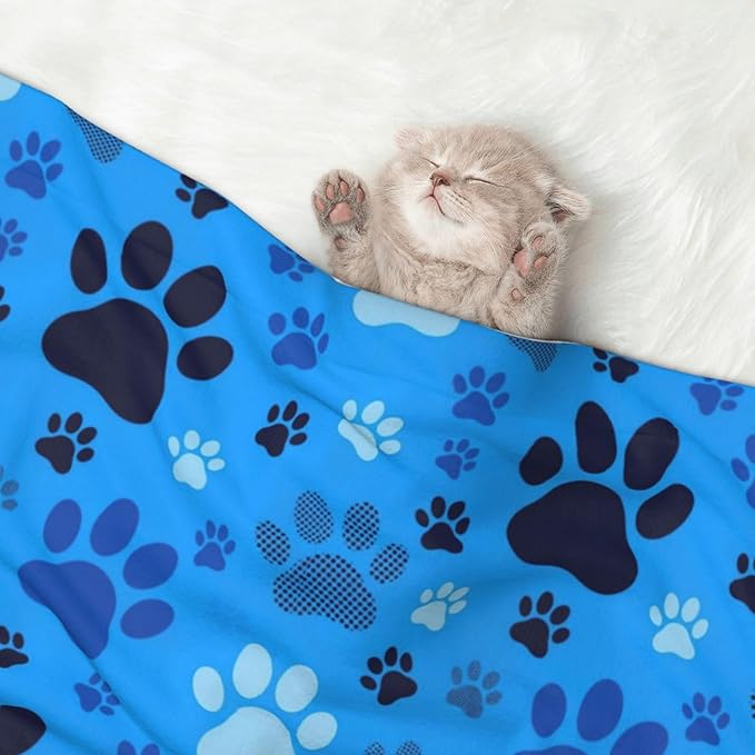 Pet Blanket for Car Rides Vet Visits, Blue Puppy Pug Dog Paw Print, Two Sided Reversible Plush Design with Bumpy Dot Side Offers Comfort Home Piece On Go Travel