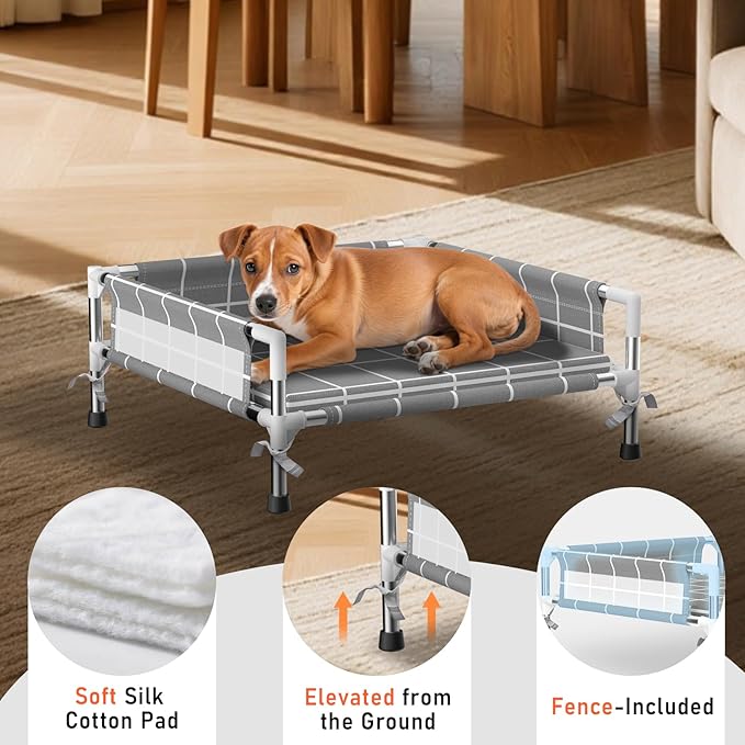 Elevated Dog Bed with Three-Sided Fence and Removable Cushion - Anti-Slip Feet, Stable Design, Easy Assembly, Indoor Relaxation & Outdoor Activities for Small Dogs, All-Season Comfort