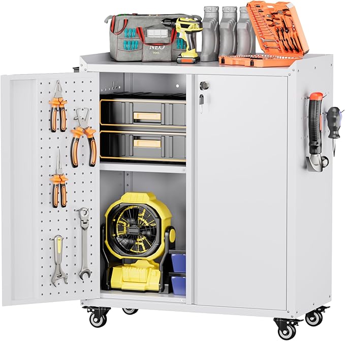 Metal Tool Cabinet with Pegboard and Hooks,Garage Storage Cabinet with Wheels and 2 Lockable Doors for Garage,Home,Office,Assembly Required,White,13.8" D x 26" W x 34.3" H