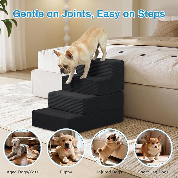 Dog Stairs for Small Dogs, 4 Step Pet Stairs for High Beds and Couch, Dog Steps for Bed Balanced 18" H, Foldable Pet Ramp for Large Cats Climb, Non-Slip Bottom Doggy Step, Black