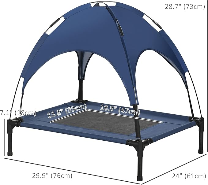 PawHut Elevated Dog Bed with Canopy, Portable Raised Dog Cot for M Sized Dogs, Indoor & Outdoor, 30" x 24" x 29", Dark Blue