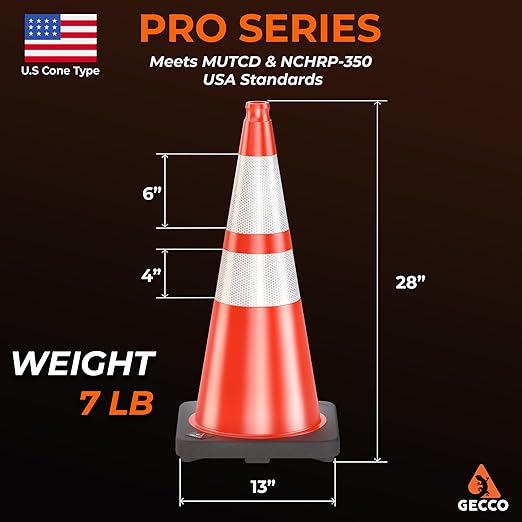 GECCO ™ (6 Pack) 28 Inch 7 Lb Heavy Duty Orange Traffic Cones Set | Durable Safety Cones, Orange Cones, Parking Cones, Construction Cones, Road Cones | PVC Plastic & Black Base - [PRO Series]