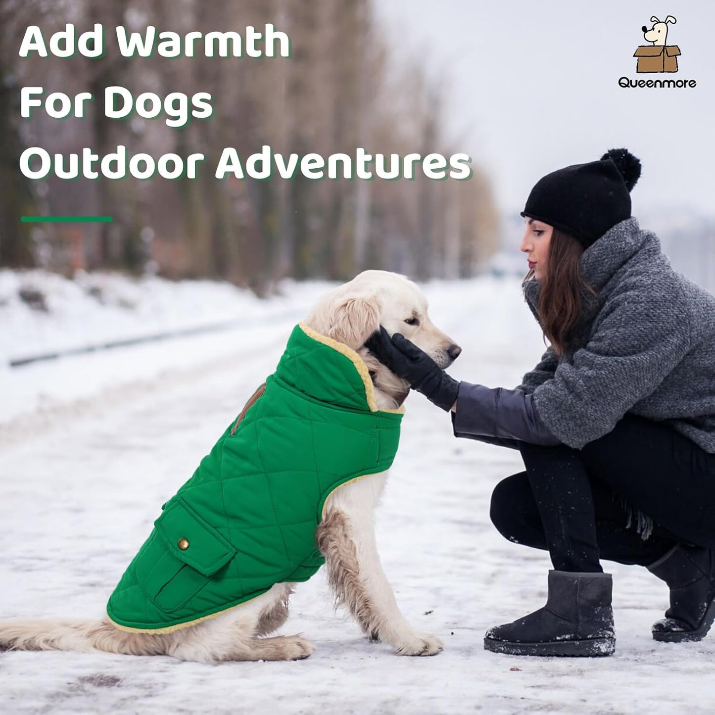 Queenmore Warm Dog Coat, Cold Weather Puffer Dog Coat Vest, Quilting Winter Pet Jacket Ultra Thick Plush Fleece Lining Pet Clothes for Dogs with Storage Pockets (Forest Green, Medium)