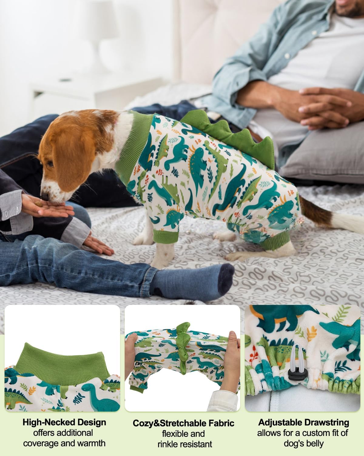 CuteBone Dinosaur Costume Dog Pajamas, Stretchy Spandex Crystal Velvet Sleepwear Coat for Small Dogs, Soft & Warm Pet Outfit Clothes for Cold Weather, Cozy Pullover Design COSP05L