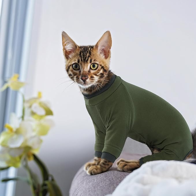 PUMYPOREITY Sticky Cat Clothes - Soft Cat Sweaters & Pajamas for Recovery & Hair Loss Prevention, Green, XS