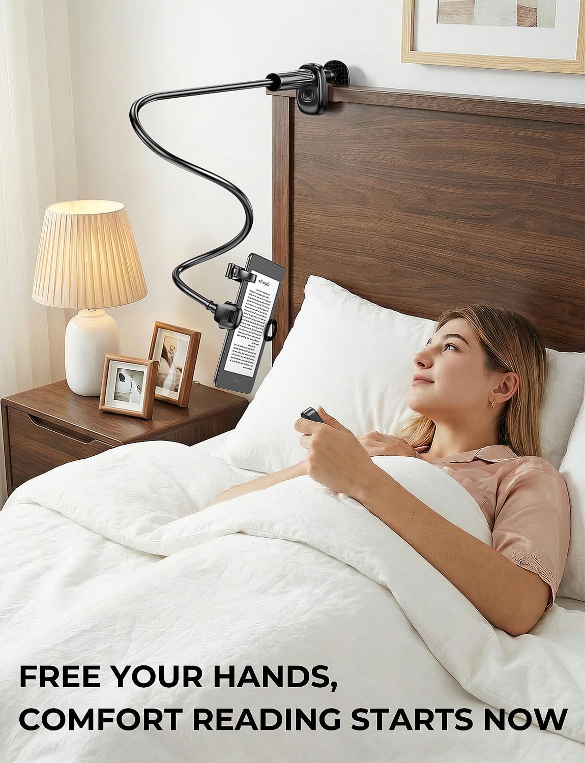 Gooseneck Kindle & Phone Holder with Page Turner Remote for Bed: Flexible Long Arm Clamp Mount for Hands-Free Reading, Bedside Desk Headboard Stand for 4.7–8.6" Devices
