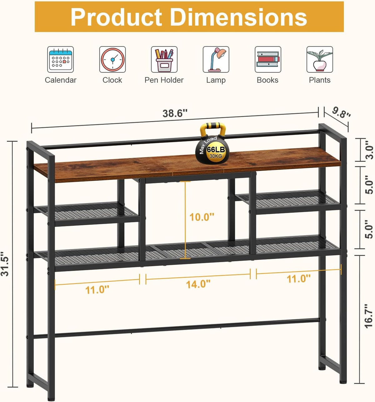 Snughome Desk Shelf, 38.6" Desktop Bookshelf, Desk Hutch Dorm, Countertop Storage Hutch with 5 Shelves for Computer Desk, Multipurpose Wood Desktop Display Organizer Rack for Home Office Dorm