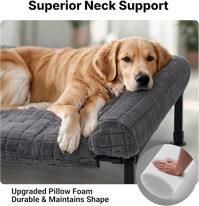 Veehoo Elevated Dog Bed Large Sized with Fluffy Plush Bolster Cushion, Washable Orthopedic Dog Couch Bed, Cooling Raised Pet Cot with Removable Mat, Breathable Mesh, No-Slip Feet, 42 x 30 inches, Grey