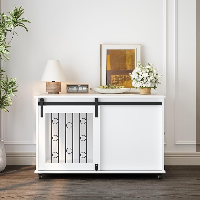 39.37'' Modern Wooden Dog Crate Furniture with Sliding Barn Door and Side Door, Indoor Dog Kennel End Table for Small to Medium Dogs, Decorative Pet Crate with Metal Bars and Lockable Wheels