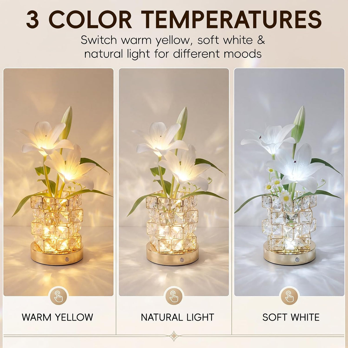 Lily Flower Touch Crystal Table Lamp Rechargeable Gifts for Women